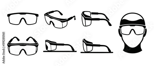 Safety Goggles Icon Set, Protective Eyewear Vector Collection for Construction and Industrial Workplace PPE Design, Isolated Black and White Symbols Showing Front, Side, and Profile View on Human Face