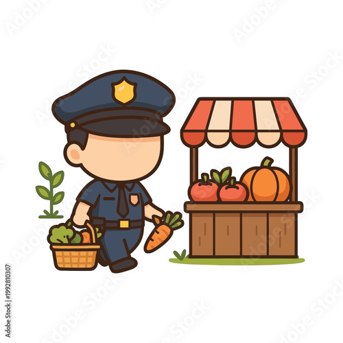 Policeman holding vegetables near market stall flat vector