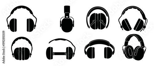 Safety Ear Protection Muffs Icons Set, Industrial Noise Cancelling Headphones Vector Collection for Construction, Workshop Hearing Safety, Auditory Gear, Studio Sound Equipment, Silhouette Graphics, W