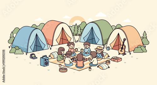 Group of campers gathered around a campfire at a campsite.