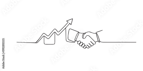 single line abstract business handshake with growth chart.continuous line drawing of partnership success concept.rising trend and agreement.minimal modern style.one line vector illustration.