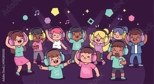 Group of diverse children dancing together.