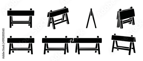 Road barrier icon set, construction barricade signs for traffic safety, vector collection of black street blockades, hazard prevention symbols, isolated work zone equipment graphics for urban developm