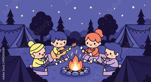 Kids Campfire Circle At Night Roasting Marshmallows.