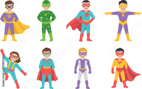 Superhero characters set, colorful comic heroes vector illustration for kids design