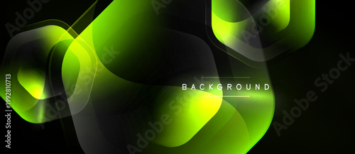 Abstract neon shapes overlap, creating dynamic light effects. Dark background emphasizes vibrant green hues, modern design element.