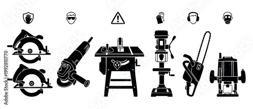Industrial Power Tools and Personal Protective Equipment Safety Icons Set for Construction Site and Workshop Maintenance Procedures, Black Silhouette Vector Collection on White Background for Safety L