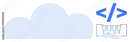 Cloud technology, programming, data flow, software development, digital infrastructure, coding systems. A cloud, coding symbol, and water-thumbs up data stream programming and cloud technology