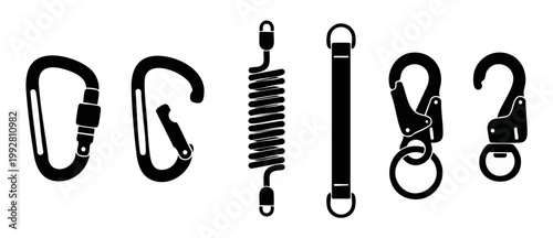 Carabiner clip set and industrial hardware icons, climbing gear hooks, safety metal snap connectors for climbing, tactical lanyards, rigging equipment, mountaineering accessories and engineering tools