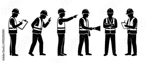 Construction worker silhouettes wearing hard hats and safety vests in various poses for engineering site inspection, industrial work project management, or architectural labor team activity concepts.