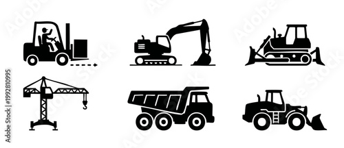 Construction Vehicles Icons Set, Heavy Machinery and Industrial Equipment, Forklift, Excavator, Bulldozer, Crane, Dump Truck and Loader, Black Silhouette Vector Collection for Logistics and Building P