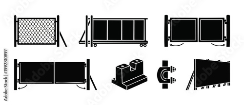 Construction Site Fencing Set, Temporary Fence Panels, Metal Security Barricade Icons, Industrial Barrier Hardware, Crowd Control Equipment, Chain Link and Sheet Metal Gates for Building Perimeter Saf