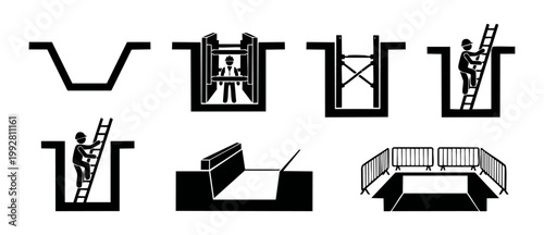 Trench Shoring Safety Icons Set, Excavation Construction Site Hazards and Procedures, Worker Climbing Ladder in Deep Pit, Safety Fencing and Protective Measures for Underground Utility Maintenance Wor