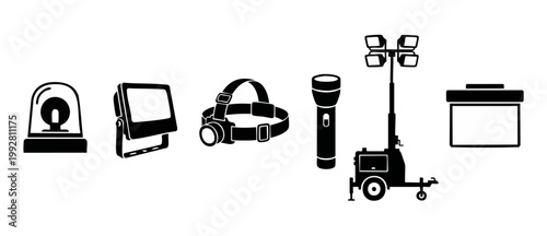 Lighting equipment icons set, professional construction and emergency illumination tools, industrial flashlights, portable floodlight, beacon and trailer light tower vector symbols for site safety man