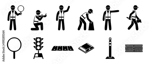 Construction worker icons set, road safety signal symbols and equipment silhouettes. Professional site staff activities, traffic signs and barrier elements for architecture and engineering design proj