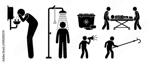 Industrial Safety Emergency Pictograms Set: Eyewash Station, Safety Shower, Biohazard Waste, Stretcher Evacuation, Warning Megaphone and Hook Tool for Workplace Hazard Prevention and First Aid Protoco