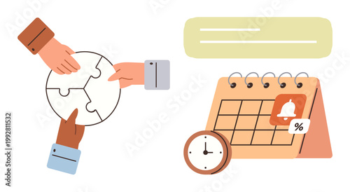 Teamwork, project management, scheduling, deadlines, goal setting, time optimization. Hands joining puzzle pieces beside a calendar, clock and reminder icon. Teamwork and project management concept
