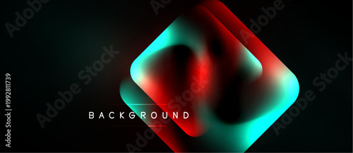 Abstract design features layered shapes, vibrant red, teal hues. Dark background emphasizes glowing geometric forms, modern aesthetic.