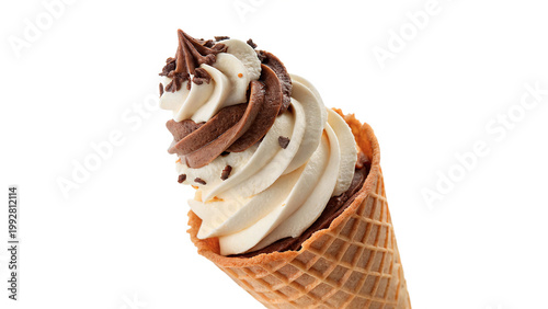 Fotografie Soft serve ice cream in a cone with chocolate and vanilla swirls served on a whi