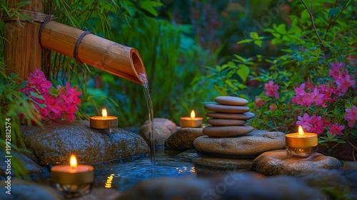 Zen garden bamboo water fountain. A tranquil zen garden scene featuring a bamboo water fountain flowing over smooth stone