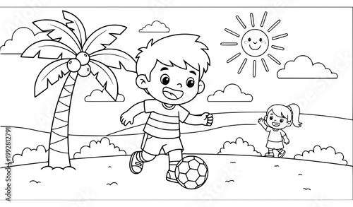 Coloring page of a happy boy playing soccer outdoors with a little girl coloring children