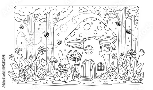 Bunny reading a book in a forest mushroom house coloring page with mushroom coloring children