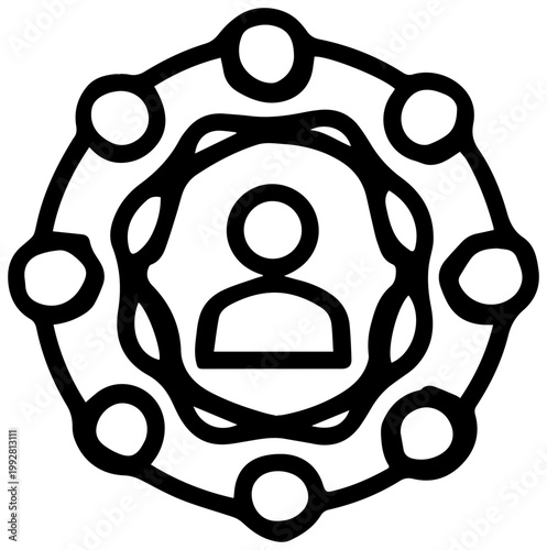 Minimalist vector icon representing team collaboration and synergy featuring a central human figure surrounded by interconnected circles symbolizing unity connection