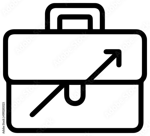 Minimalist vector icon of a black outline briefcase with a bold upward trending arrow symbol superimposed representing business growth financial success and career advancement