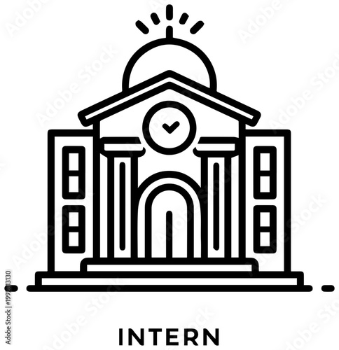 Modern minimalist outline icon representing a classic building with a dome and clock symbolizing education knowledge and internship opportunities perfect for concept driven