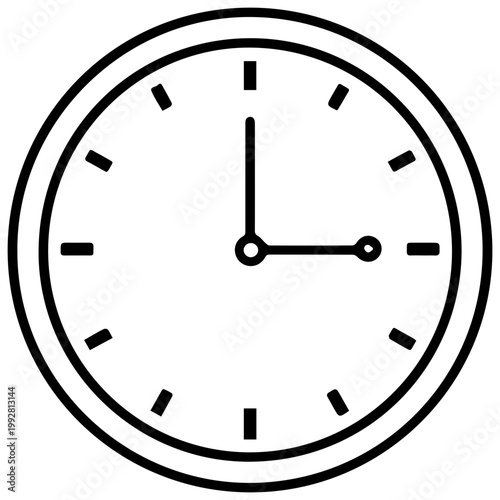 Minimalist line art icon of a classic analog clock face with hour and minute hands indicating three o'clock representing time management deadlines and scheduling for business