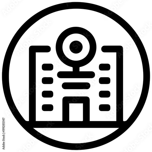 Minimalist black and white line art icon representing a modern office building entrance with a circular element on top set within a clean circle symbolizing corporate headquarters