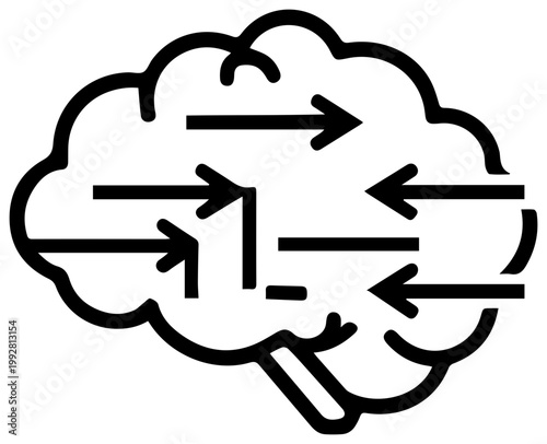 Clean line art icon representing a human brain with black arrows illustrating the flow of information knowledge and ideas symbolizing learning and cognitive processes