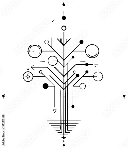 Intricate minimalist line art diagram representing a complex skill tree or knowledge network with interconnected nodes branches and arrows symbolizing growth learning