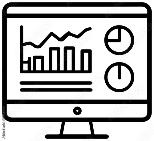 Clean line icon representing a computer monitor displaying financial data charts bar graphs and pie charts symbolizing analytics performance tracking and digital information
