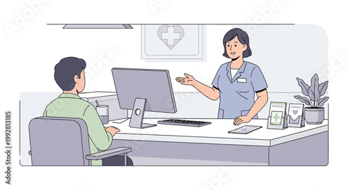Doctor's office reception: patient consults with nurse at desk with computer and plant