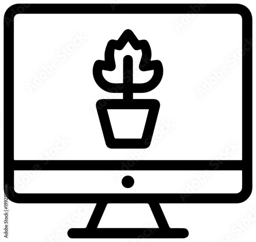 Clean minimalist black and white line art icon representing a computer monitor displaying a potted plant symbolizing digital gardening growth or nature integrated with technology