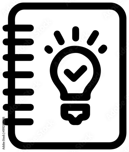 Minimalist icon symbolizing a notebook with a glowing lightbulb and checkmark representing innovation creativity solutions and successful ideas perfect for business and startup