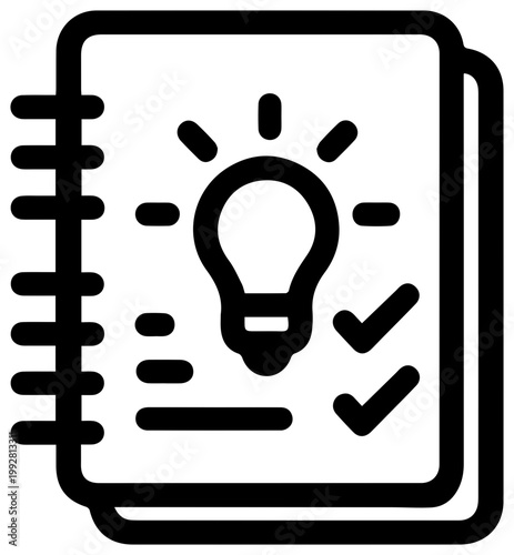 Minimalist outline icon representing creative ideas and innovation emerging from a notebook with a lightbulb symbol and checklist symbolizing planning and successful execution