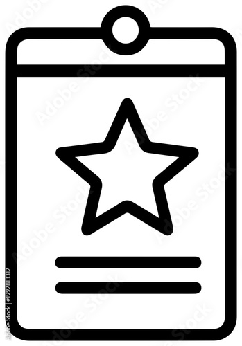 Minimalist black and white line art icon representing a badge or identification card featuring a prominent five pointed star symbol and two horizontal lines for text symbolizing