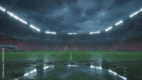 Floodlit football stadium with empty seats and a wet field fair play football