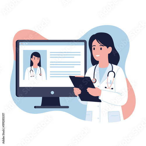 Doctor Consulting Online via Computer Screen with Patient Avatar and Medical Records