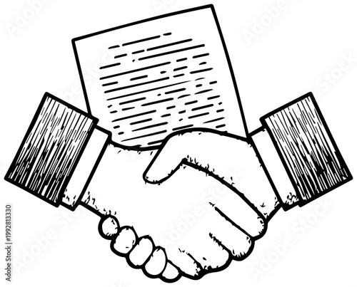 Minimalist line art illustration of two hands shaking firmly above a document with text symbolizing agreement partnership and successful contract signing in a clean modern