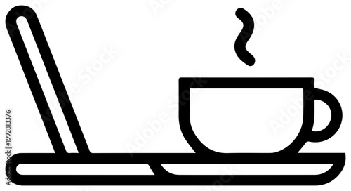 Minimalist outline icon of a steaming hot coffee cup placed on a tray next to an open laptop symbolizing modern work remote office and productive breaks