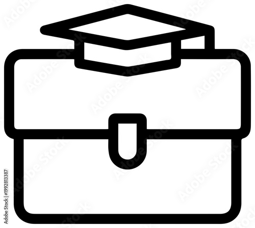 Minimalist line art icon symbolizing the transition from education to professional career with a graduation cap atop a briefcase representing academic achievement and career start