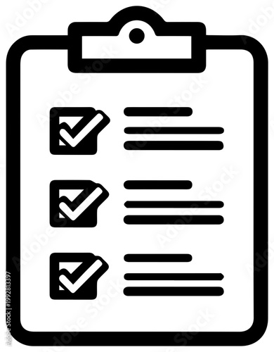 Minimalist black and white line art icon representing a checklist on a clipboard with three completed tasks signifying organization planning and task management for business