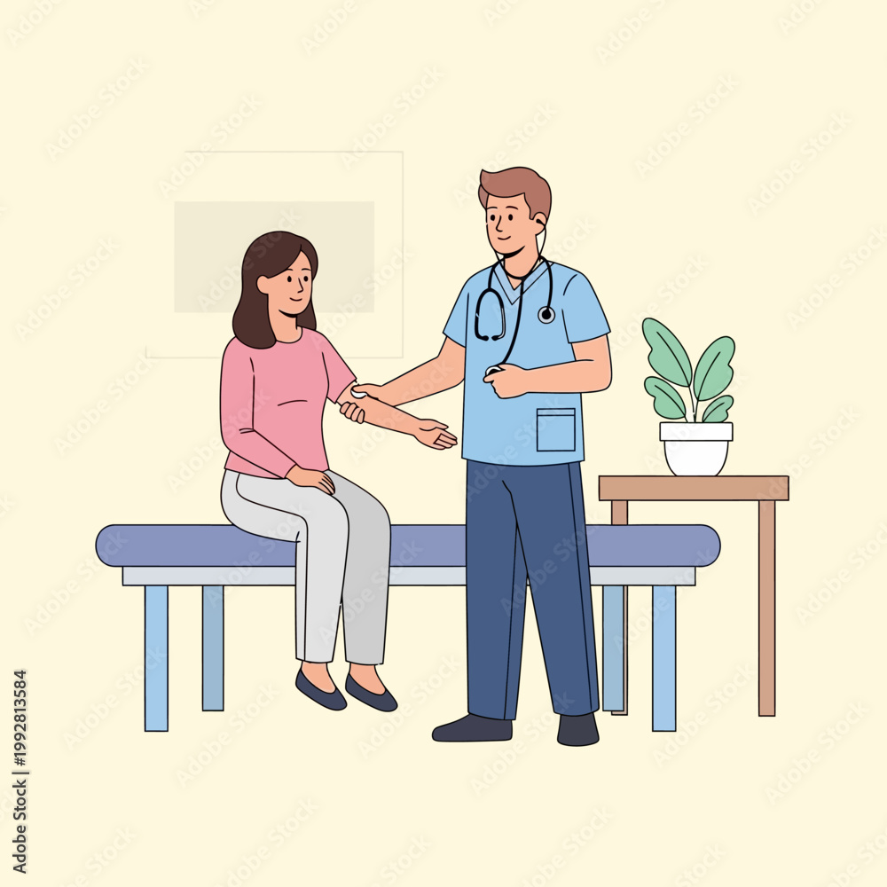 Obraz premium Doctor examining patient's arm in medical clinic, healthcare concept illustration