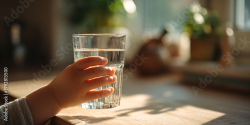 Young child hand gently holds glass of clear water, capturing moment of innocence and curiosity in sunlit room