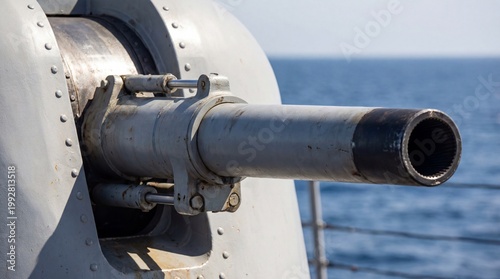 A heavy naval gun turret points towards the vast open ocean.