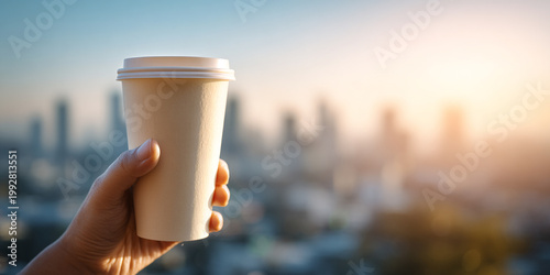 Aesthetic female hand holding disposable coffee cup against city skyline, evoking sense of morning calm and urban life