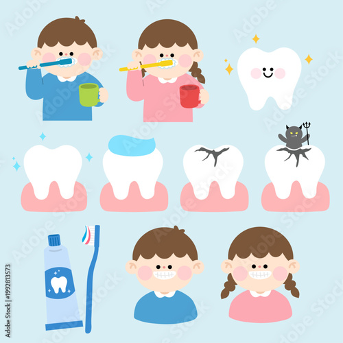 Cute children brushing teeth and dental care character collection set